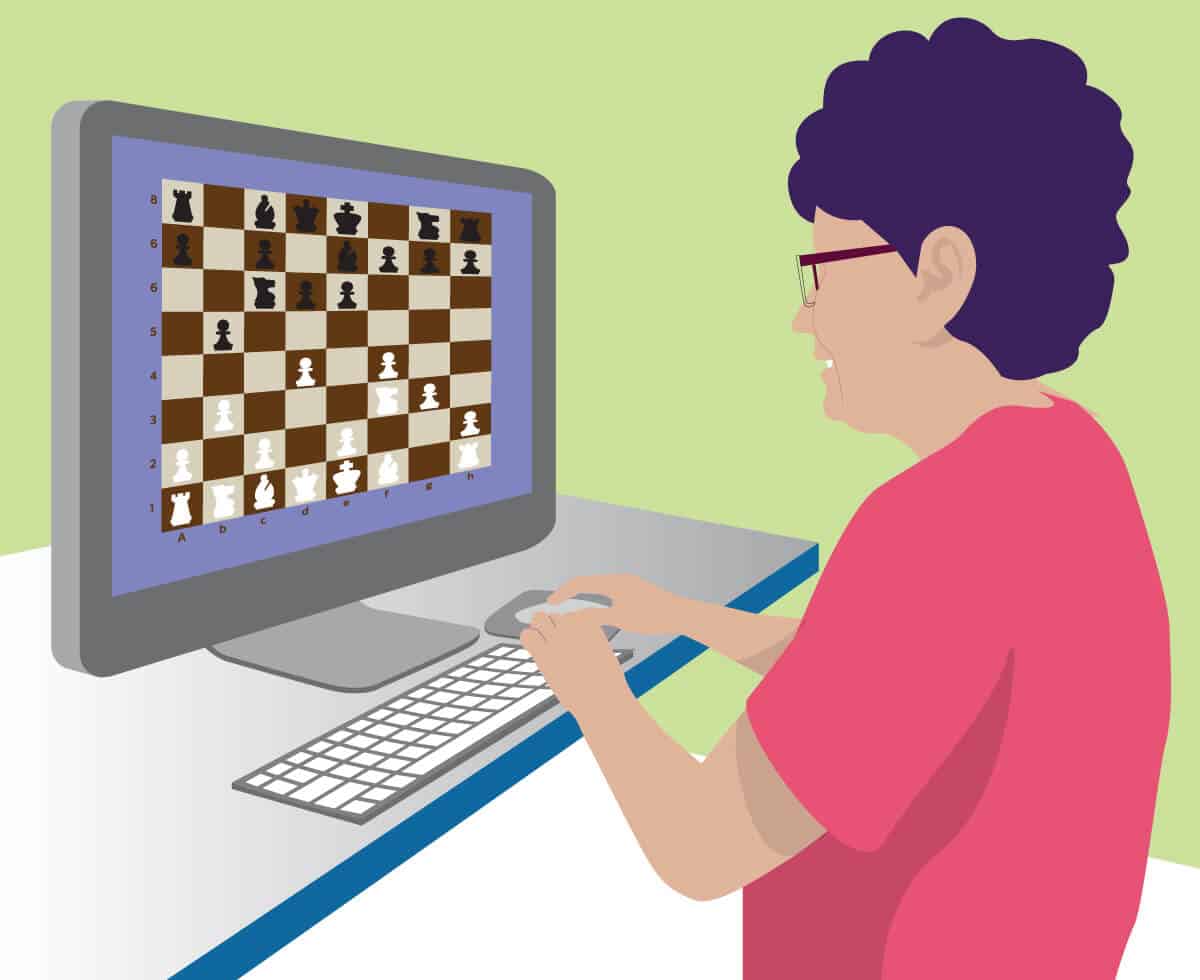Graphic illustration of a woman playing chess on computer