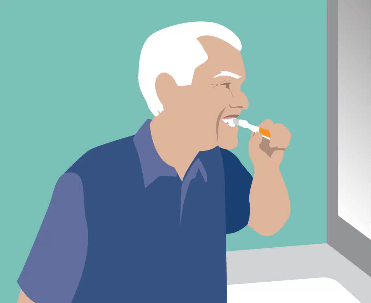 Graphic illustration of a senior man brushing teeth
