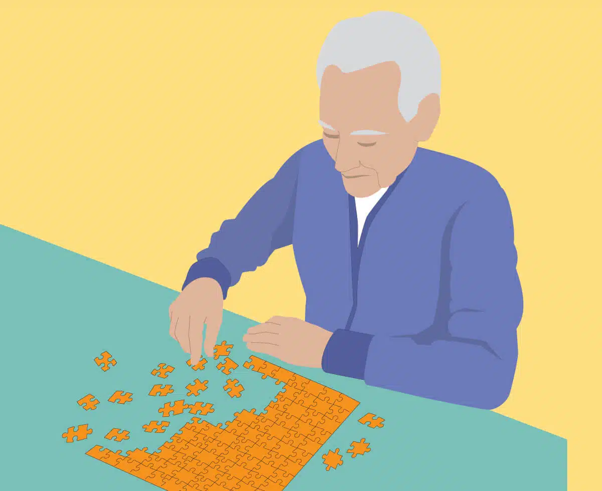 Graphic illustration of a senior man doing a jigsaw puzzle