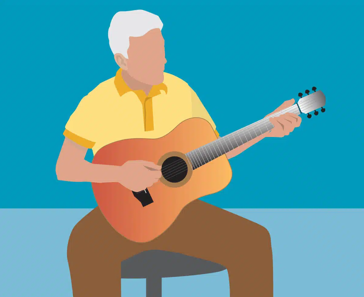 Graphic illustration of an older man playing guitar