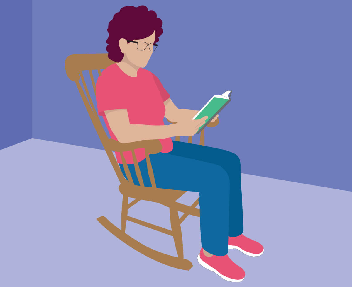 Graphic illustration of a woman reading a book in a rocking chair