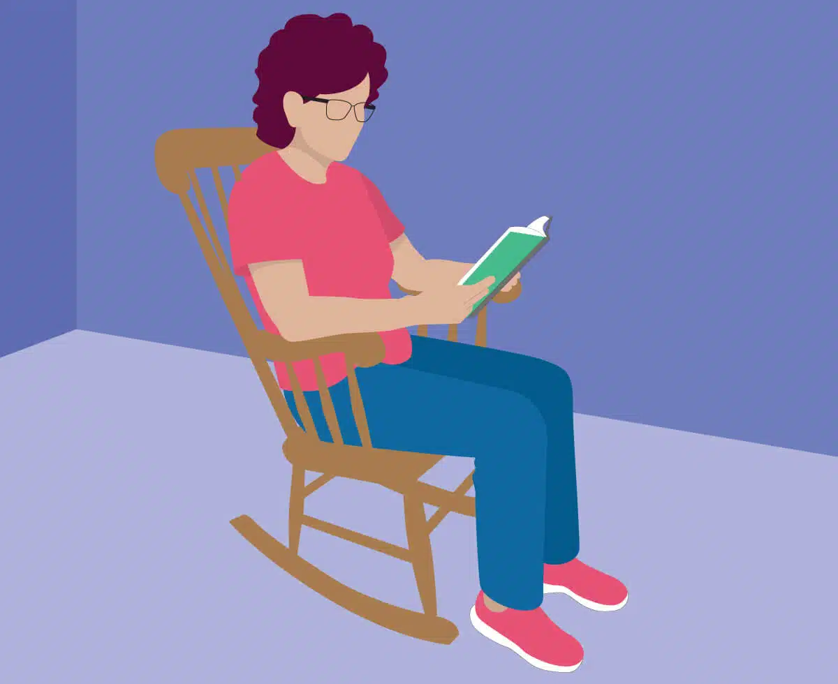 Graphic illustration of a woman reading a book in a rocking chair