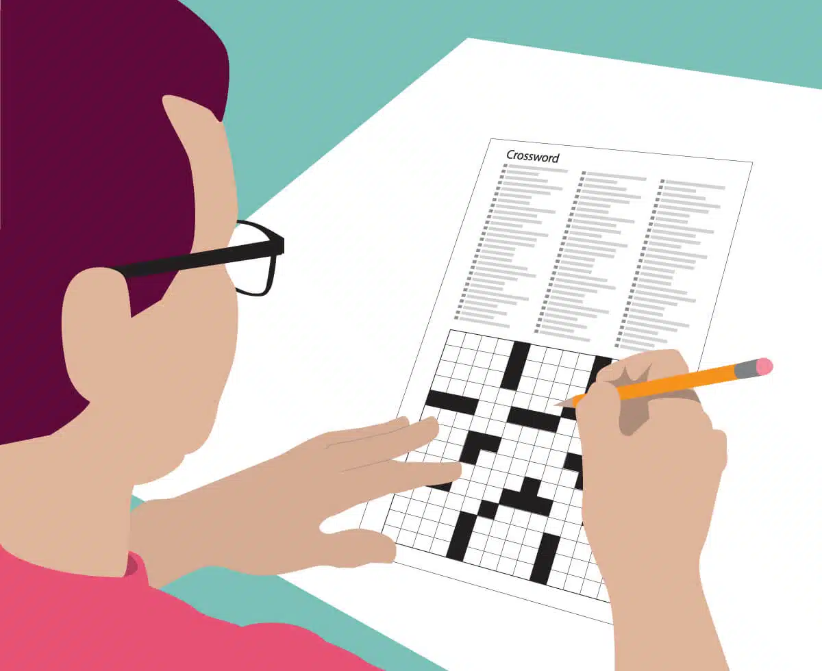 Graphic illustration of an older person doing a crossword puzzle