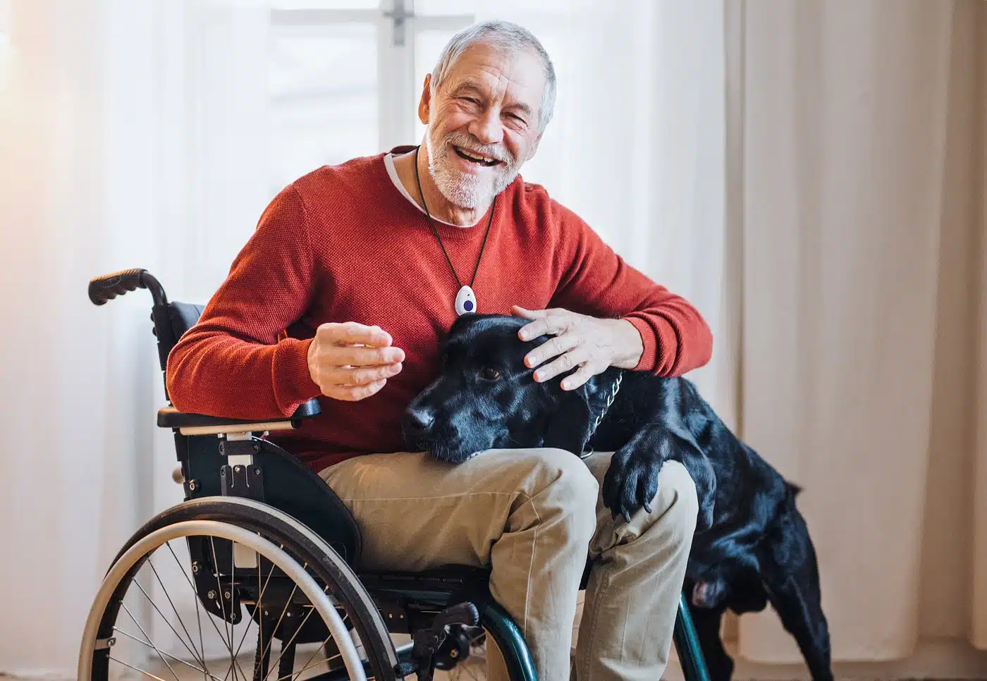 Senior sitting in a wheelchair with their service dog