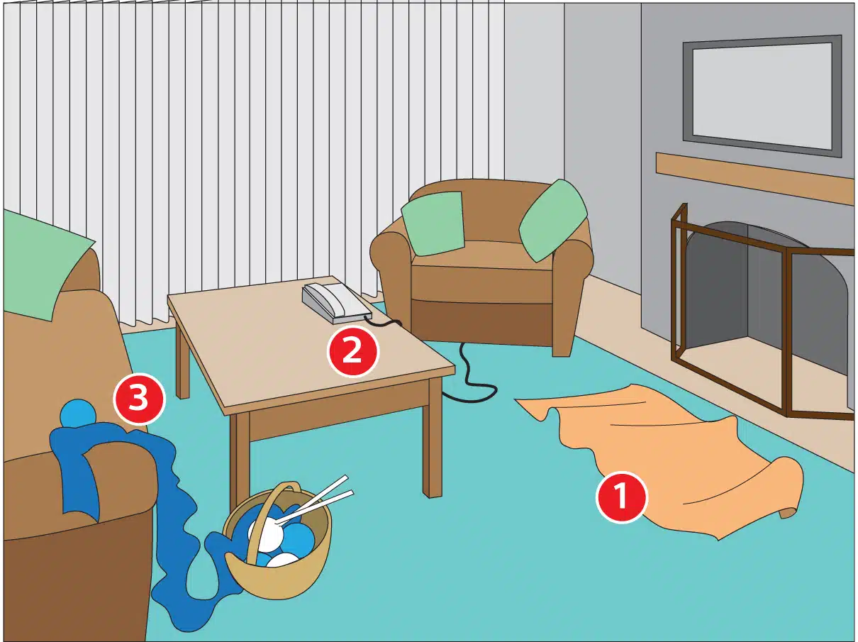 Living Room with fall hazards for seniors